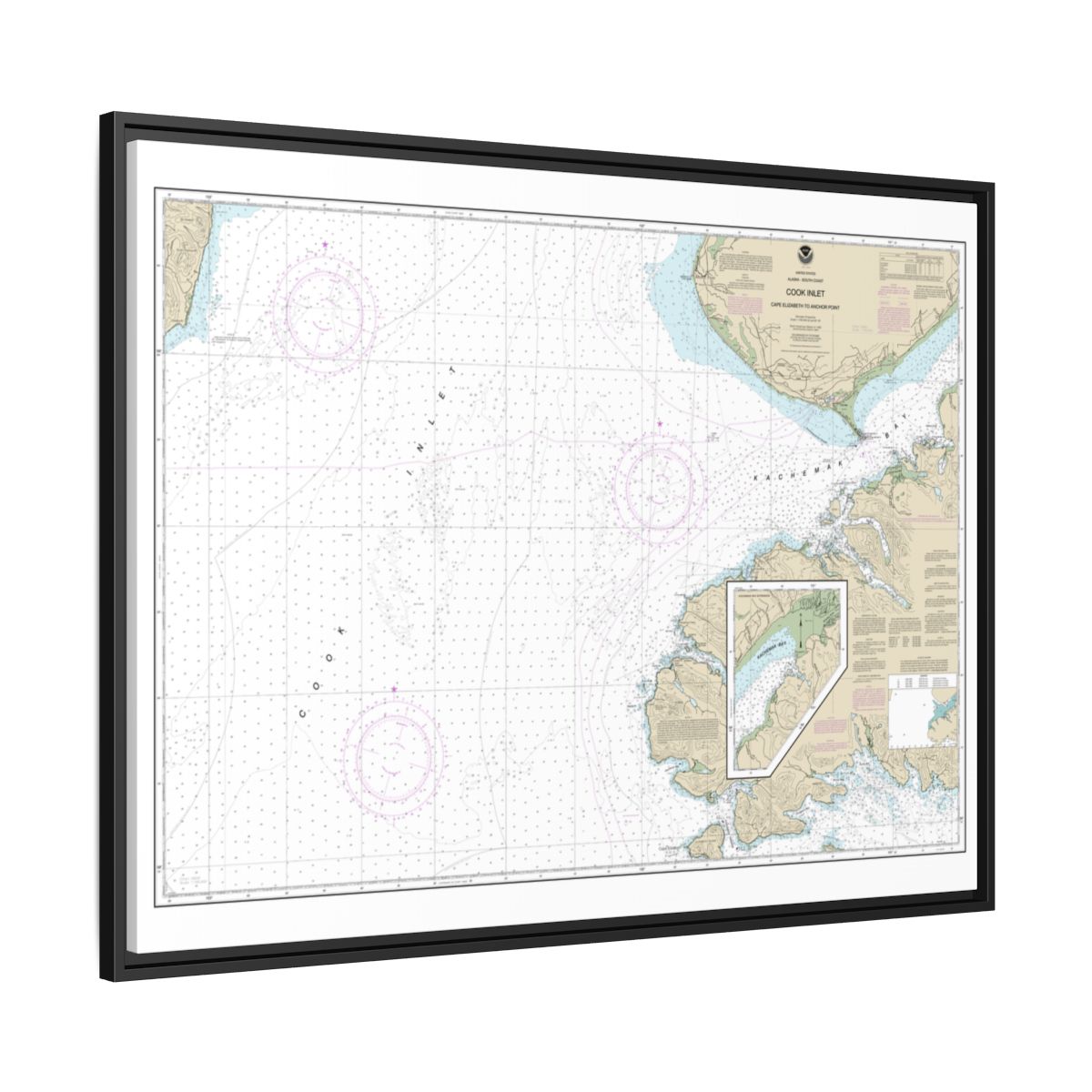 Chart 16647 Cook Inlet-Cape Elizabeth to Anchor Point - NOAA Nautical Chart Floating Frame Canvas | 32" x 24" | 40" x 30" - Black side