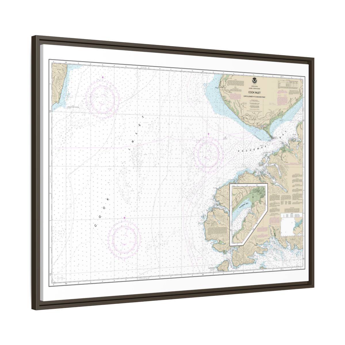 Chart 16647 Cook Inlet-Cape Elizabeth to Anchor Point - NOAA Nautical Chart Floating Frame Canvas | 32" x 24" | 40" x 30" - Espresso side