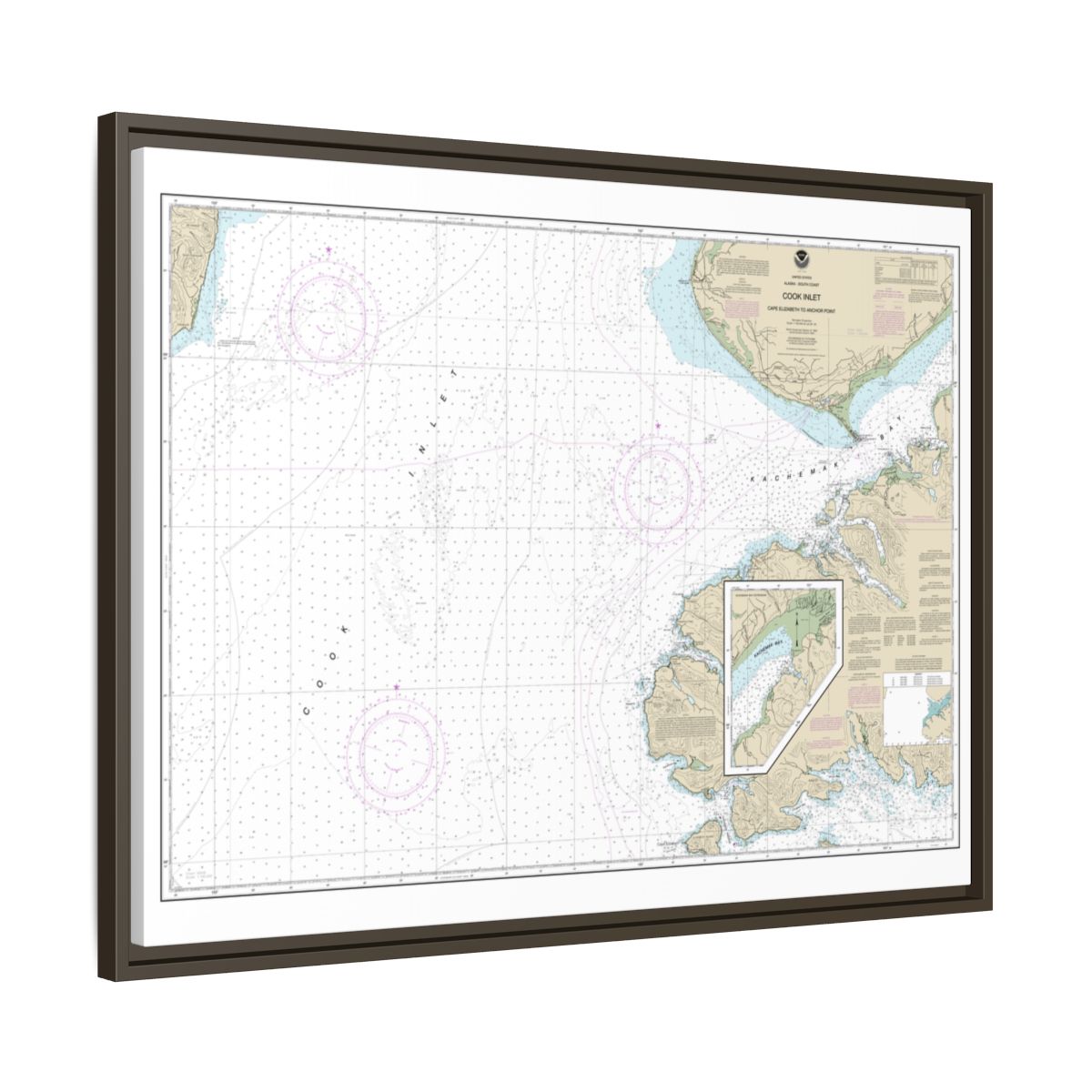Chart 16647 Cook Inlet-Cape Elizabeth to Anchor Point - NOAA Nautical Chart Floating Frame Canvas | 32" x 24" | 40" x 30" - Espresso side