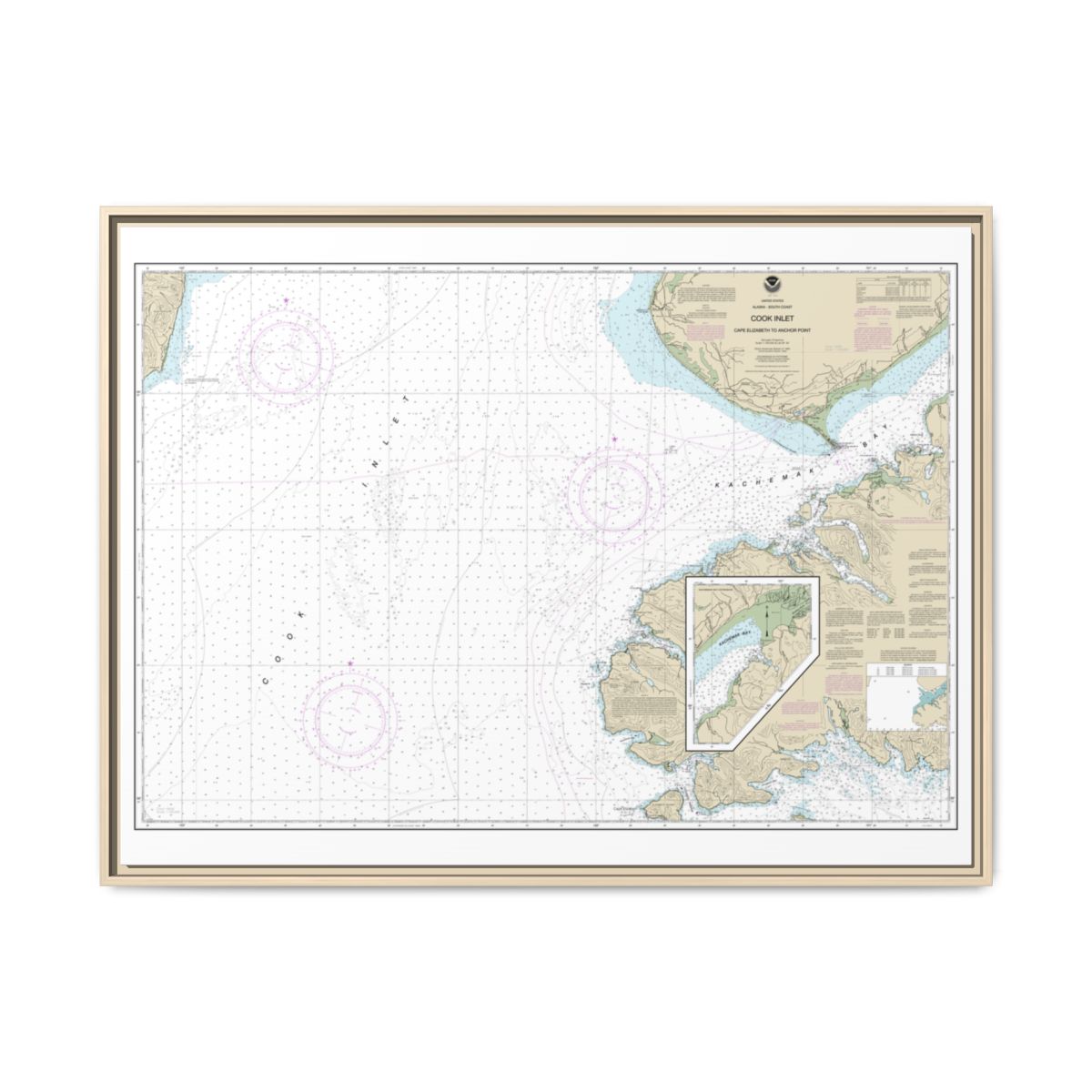 Chart 16647 Cook Inlet-Cape Elizabeth to Anchor Point - NOAA Nautical Chart Floating Frame Canvas | 32" x 24" | 40" x 30" - Natural front
