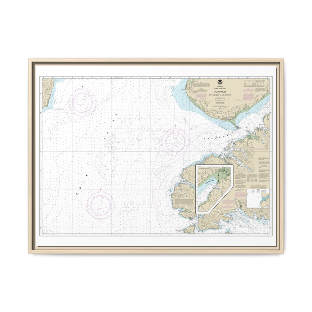 Chart 16647 Cook Inlet-Cape Elizabeth to Anchor Point - NOAA Nautical Chart Floating Frame Canvas | 32" x 24" | 40" x 30" - Natural front
