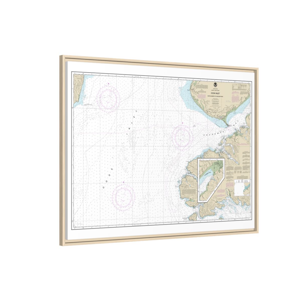Chart 16647 Cook Inlet-Cape Elizabeth to Anchor Point - NOAA Nautical Chart Floating Frame Canvas | 32" x 24" | 40" x 30" - Natural side