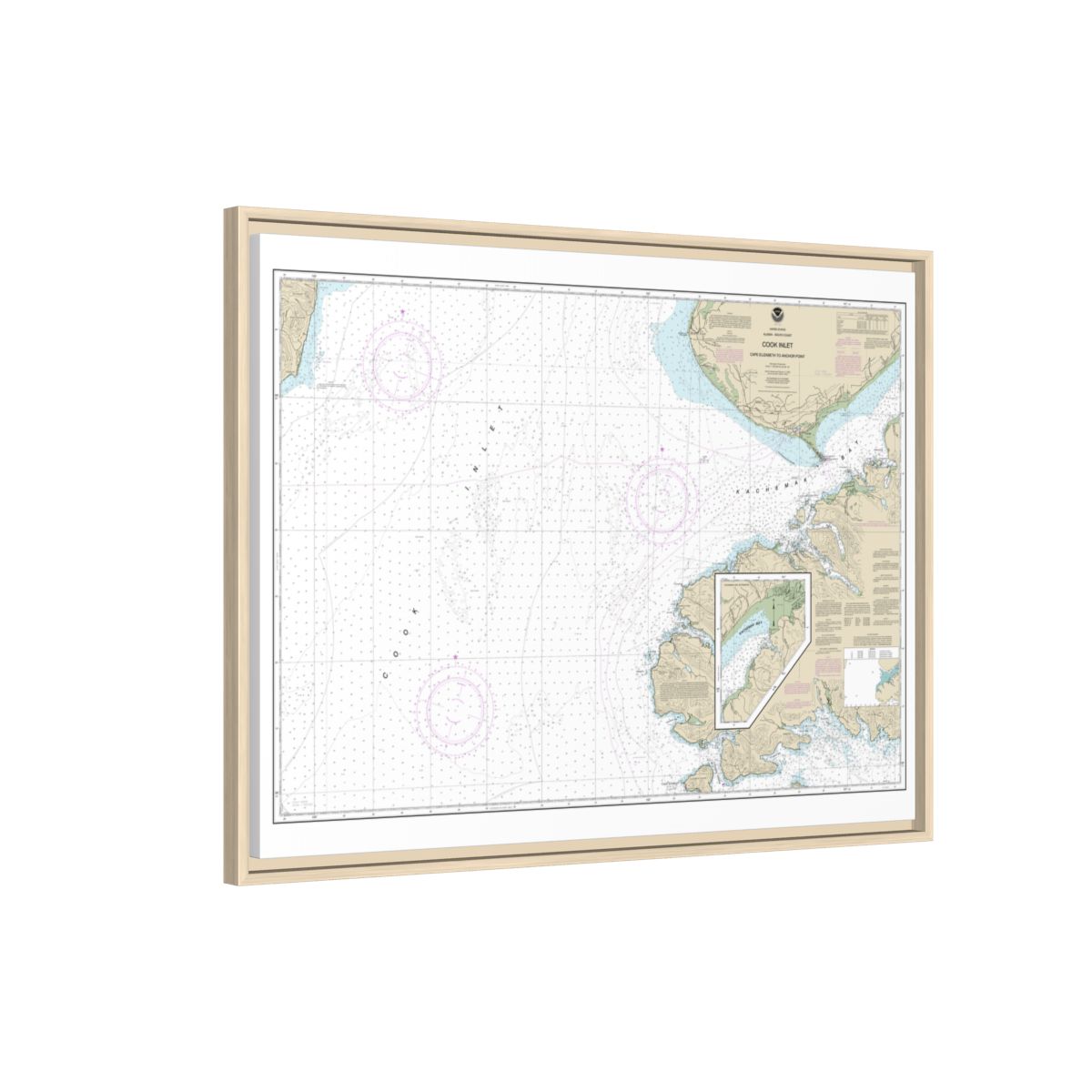 Chart 16647 Cook Inlet-Cape Elizabeth to Anchor Point - NOAA Nautical Chart Floating Frame Canvas | 32" x 24" | 40" x 30" - Natural side