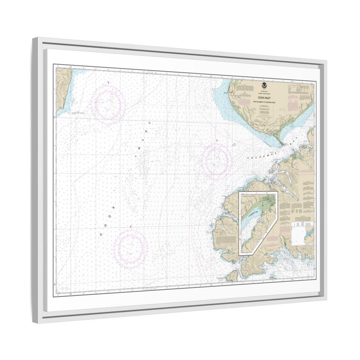 Chart 16647 Cook Inlet-Cape Elizabeth to Anchor Point - NOAA Nautical Chart Floating Frame Canvas | 32" x 24" | 40" x 30" - White side