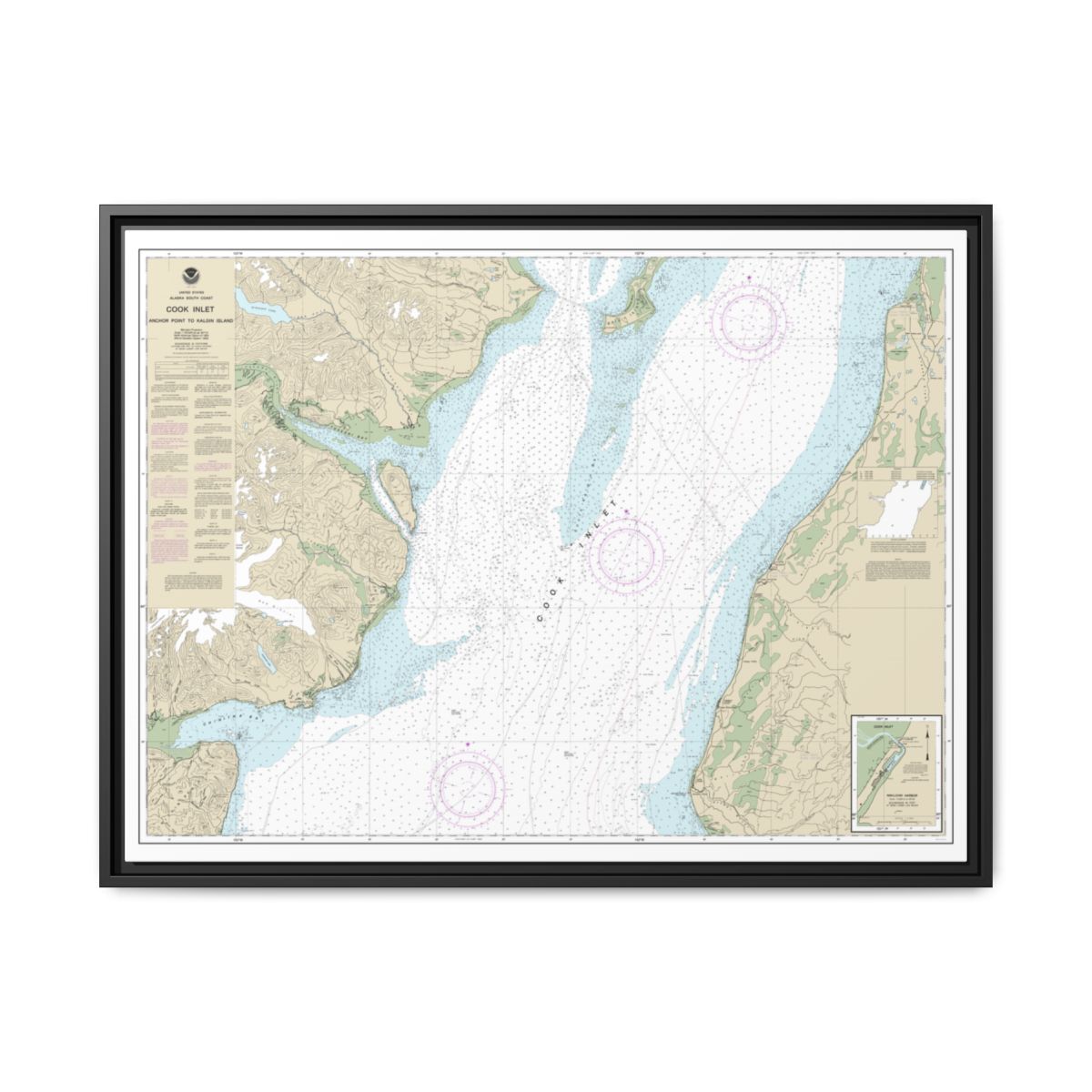 Chart 16661 Cook Inlet-Anchor Point to Kalgin Island;Ninilchik Harbor - NOAA Nautical Chart Floating Frame Canvas | 32" x 24" | 40" x 30" - Black front
