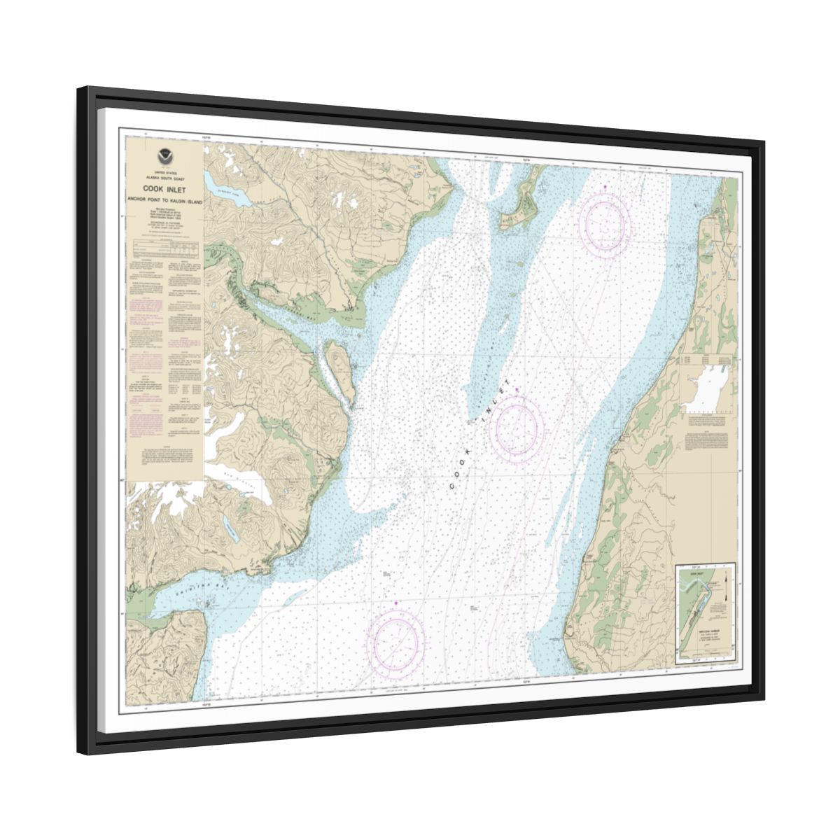 Chart 16661 Cook Inlet-Anchor Point to Kalgin Island;Ninilchik Harbor - NOAA Nautical Chart Floating Frame Canvas | 32" x 24" | 40" x 30" - Black side