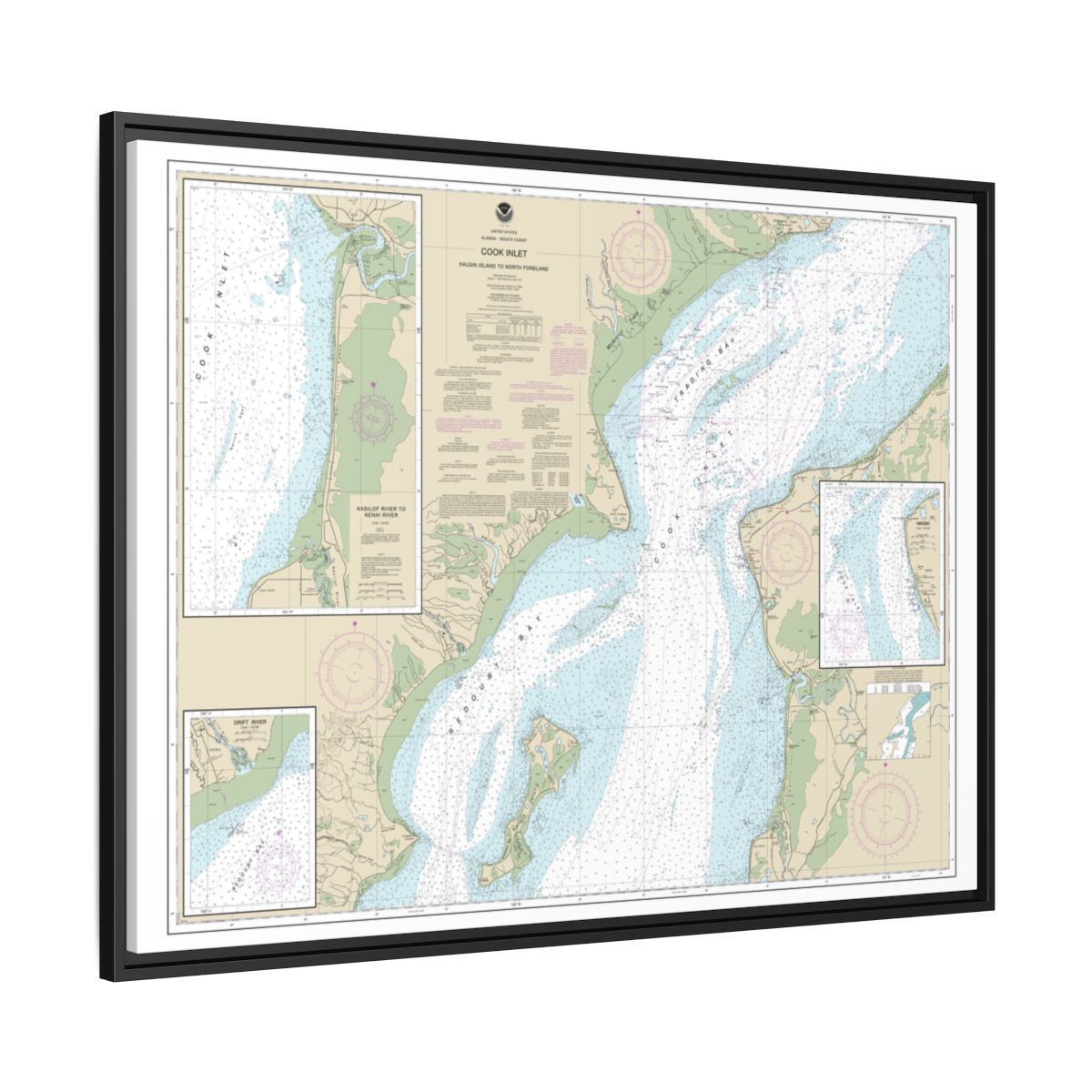 Chart 16662 Cook Inlet-Kalgin Island to North Foreland - NOAA Nautical Chart Floating Frame Canvas | 32" x 24" | 40" x 30" - Black side
