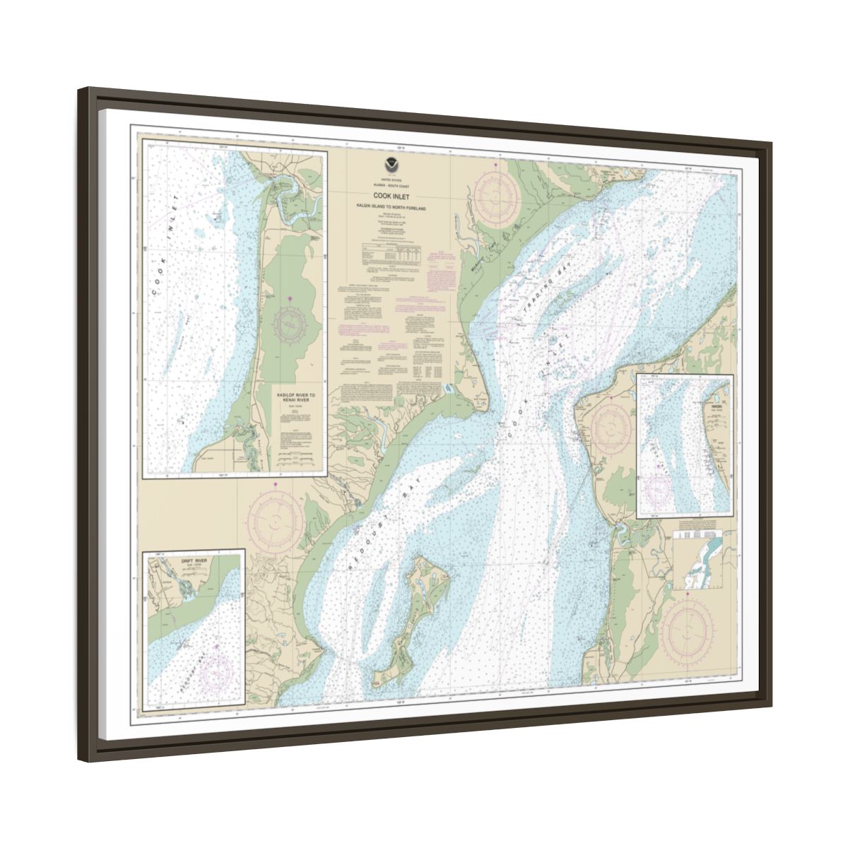 Chart 16662 Cook Inlet-Kalgin Island to North Foreland - NOAA Nautical Chart Floating Frame Canvas | 32" x 24" | 40" x 30" - Espresso side