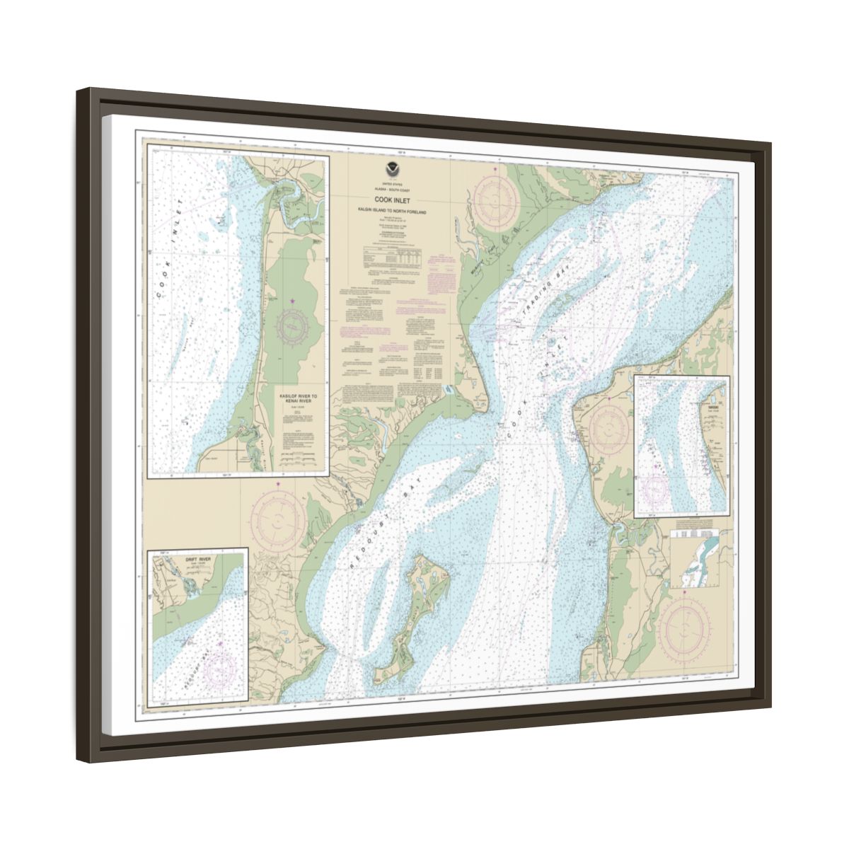 Chart 16662 Cook Inlet-Kalgin Island to North Foreland - NOAA Nautical Chart Floating Frame Canvas | 32" x 24" | 40" x 30" - Espresso side