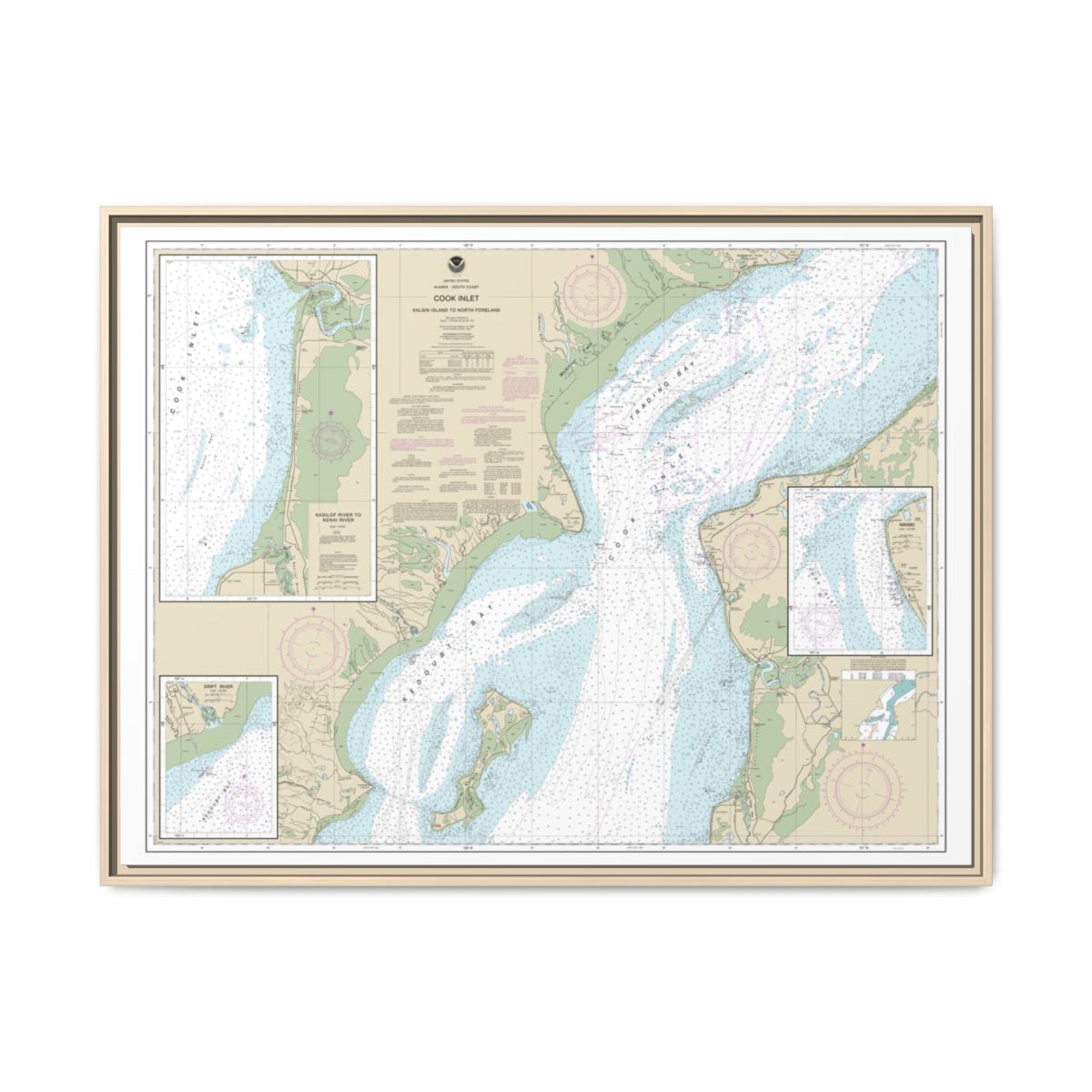 Chart 16662 Cook Inlet-Kalgin Island to North Foreland - NOAA Nautical Chart Floating Frame Canvas | 32" x 24" | 40" x 30" - Natural front