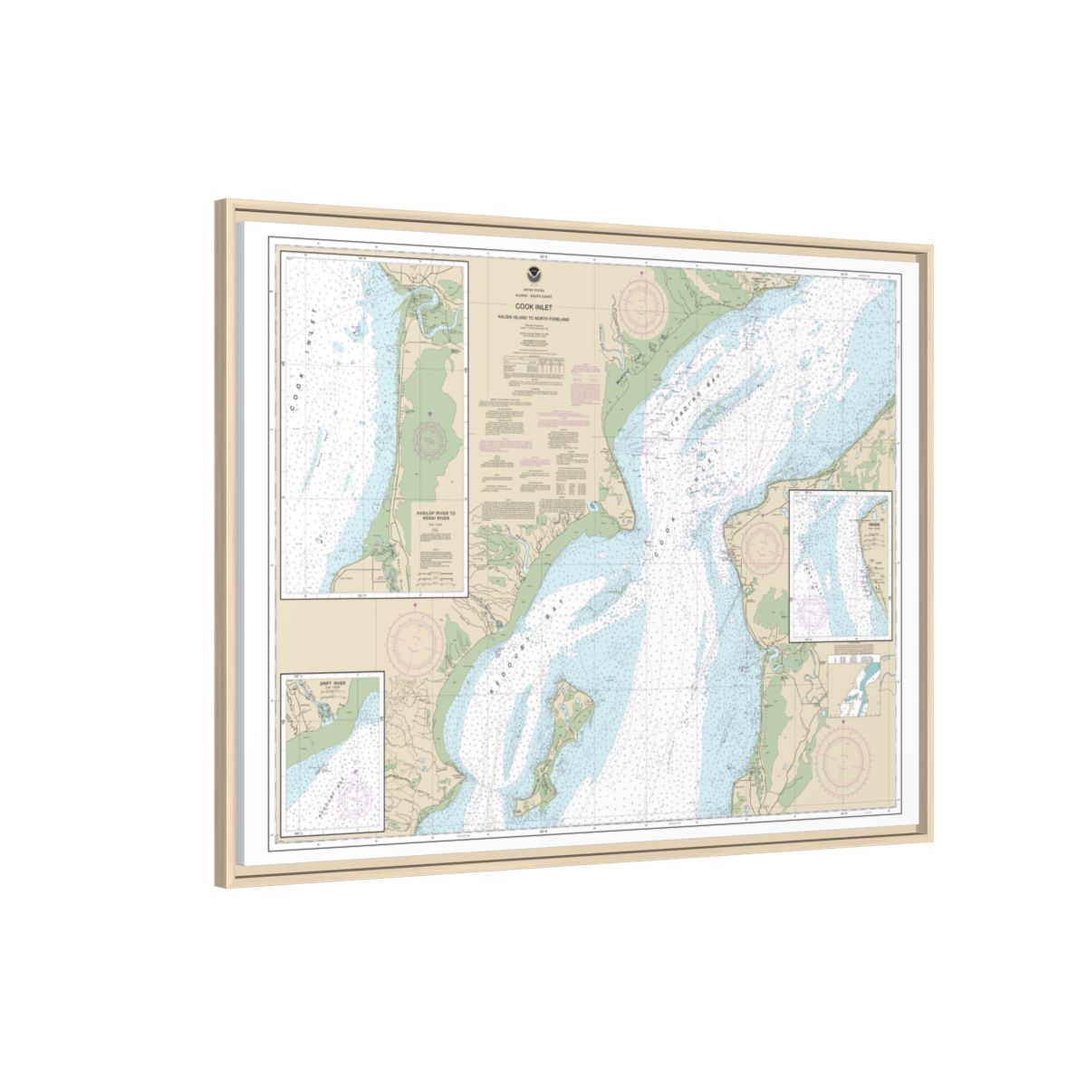 Chart 16662 Cook Inlet-Kalgin Island to North Foreland - NOAA Nautical Chart Floating Frame Canvas | 32" x 24" | 40" x 30" - Natural side