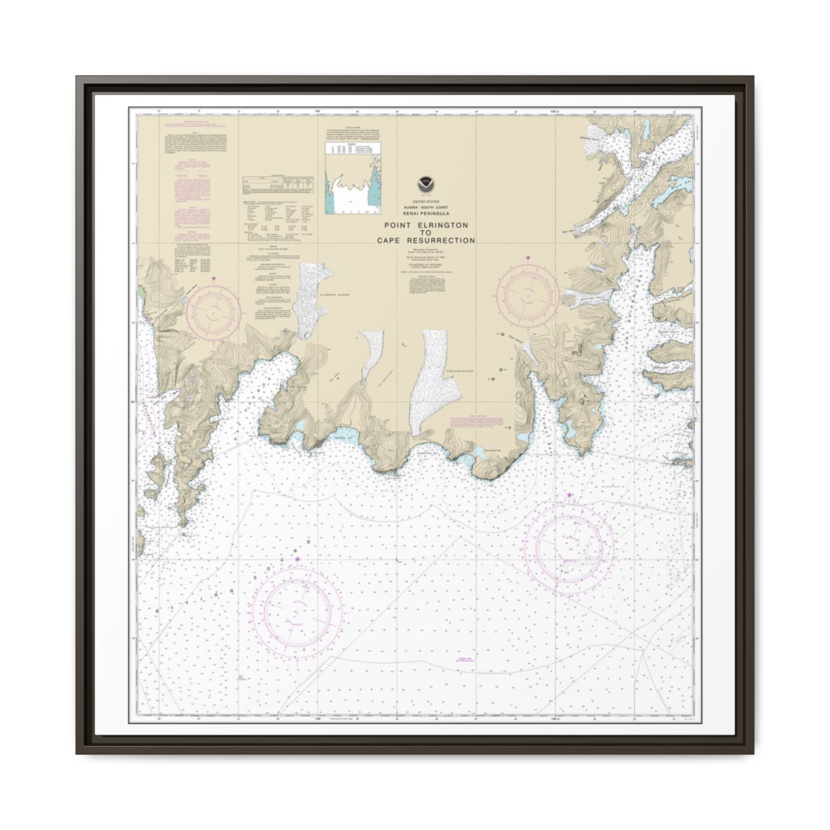 Chart 16683 Point Elrington to Cape Resurrection - NOAA Nautical Chart Floating Frame Canvas | 32" x 32" - Espresso front