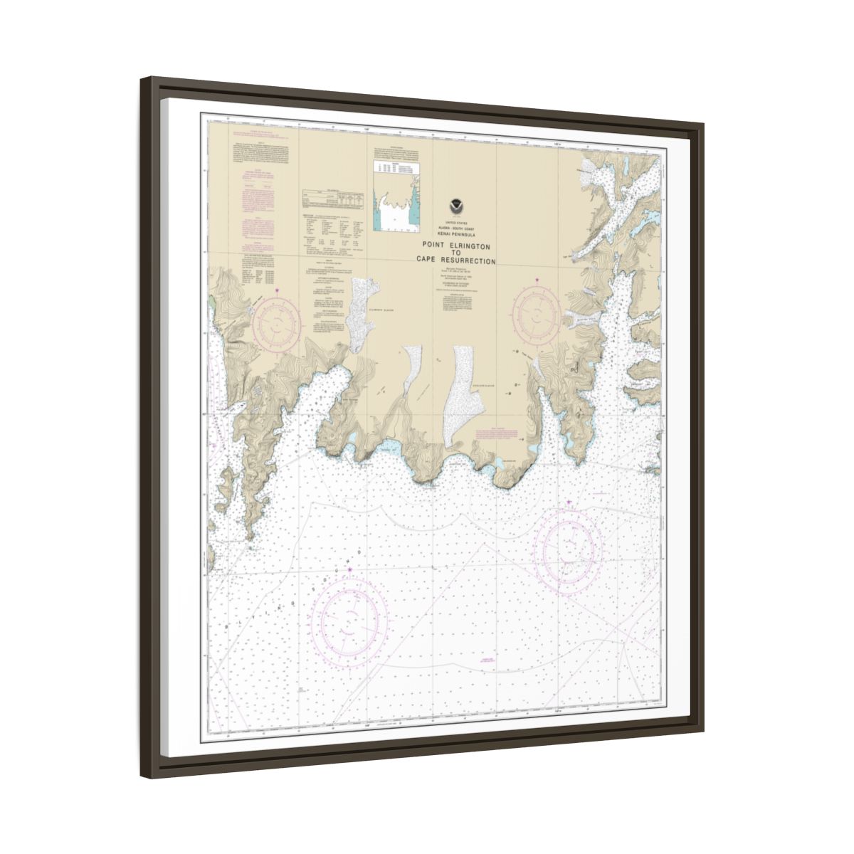 Chart 16683 Point Elrington to Cape Resurrection - NOAA Nautical Chart Floating Frame Canvas | 32" x 32" - Espresso side