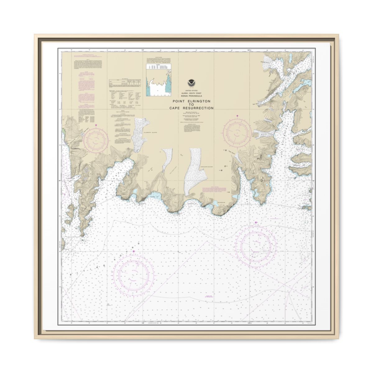 Chart 16683 Point Elrington to Cape Resurrection - NOAA Nautical Chart Floating Frame Canvas | 32" x 32" - Natural front