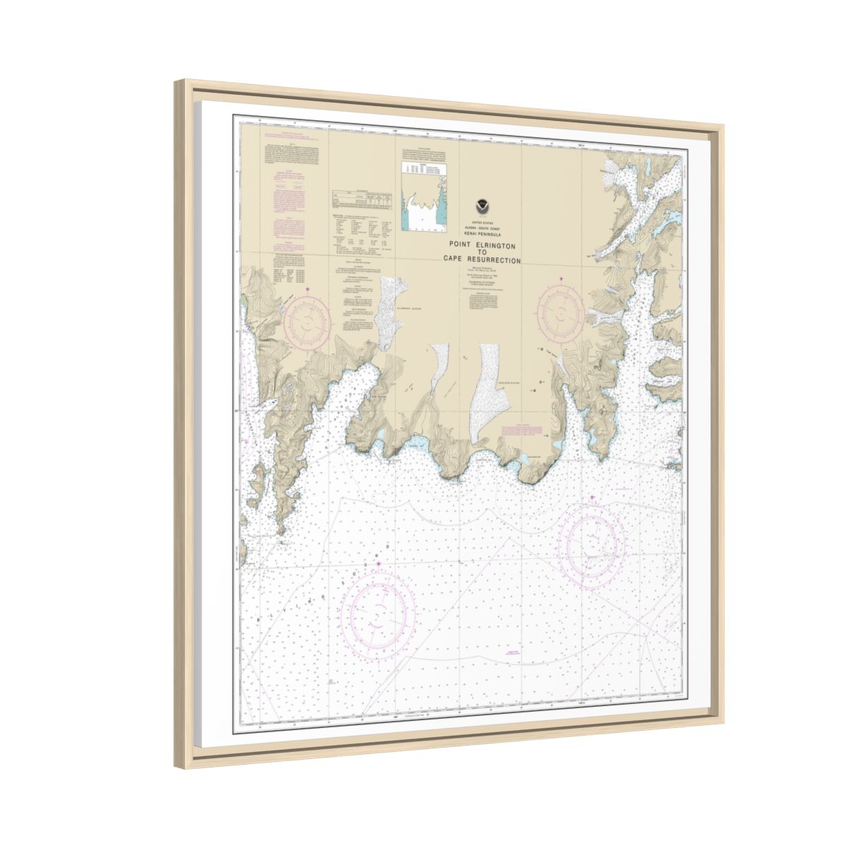 Chart 16683 Point Elrington to Cape Resurrection - NOAA Nautical Chart Floating Frame Canvas | 32" x 32" - Natural side