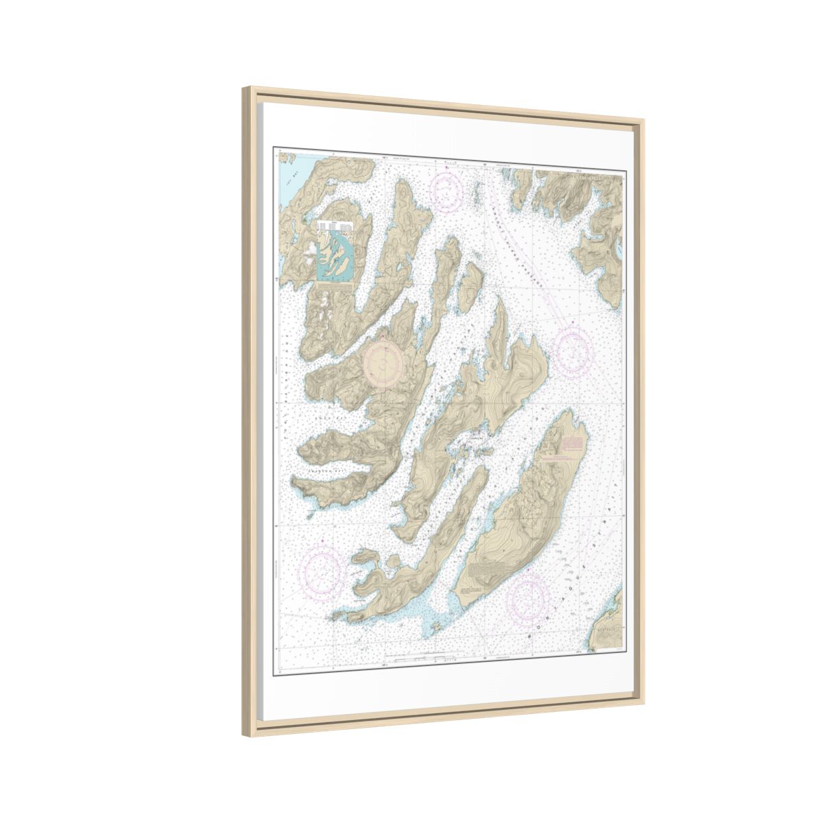 Chart 16702 Latouche Passage to Whale Bay - NOAA Nautical Chart Floating Frame Canvas | 24" x 32" | 30" x 40" - Natural side