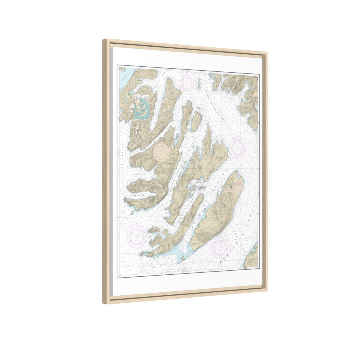 Chart 16702 Latouche Passage to Whale Bay - NOAA Nautical Chart Floating Frame Canvas | 24" x 32" | 30" x 40" - Natural side