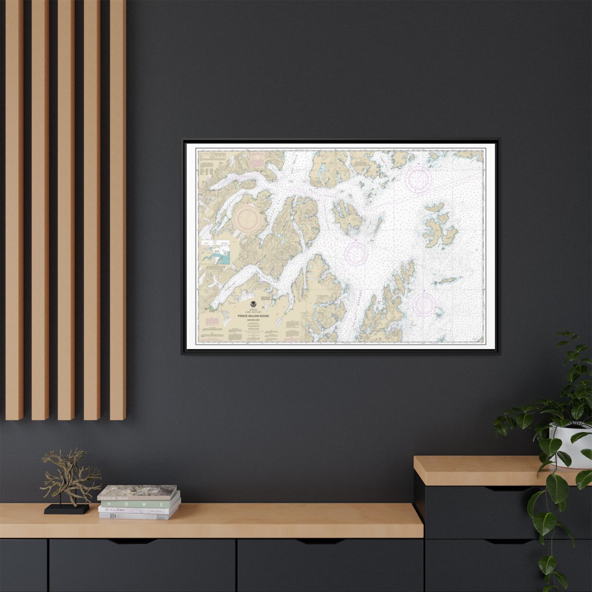 Chart 16705 Prince William Sound-western part - NOAA Nautical Chart Floating Frame Canvas | 30" x 20" | 36" x 24" | 48" x 32" - Black context-2