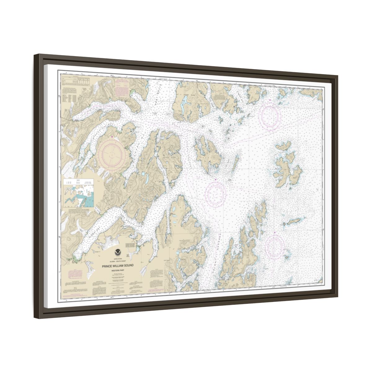Chart 16705 Prince William Sound-western part - NOAA Nautical Chart Floating Frame Canvas | 30" x 20" | 36" x 24" | 48" x 32" - Espresso side