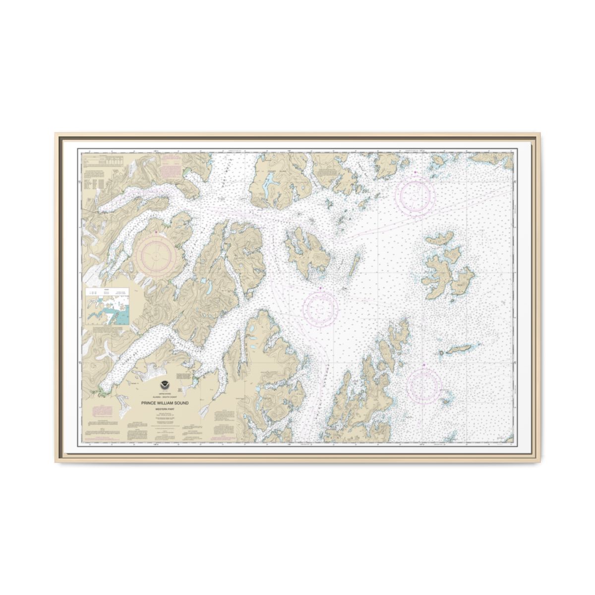 Chart 16705 Prince William Sound-western part - NOAA Nautical Chart Floating Frame Canvas | 30" x 20" | 36" x 24" | 48" x 32" - Natural front