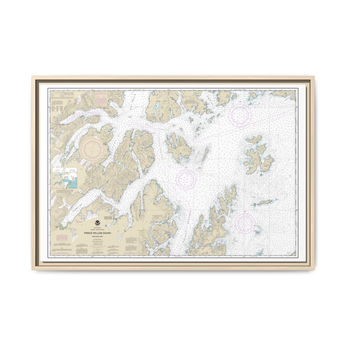 Chart 16705 Prince William Sound-western part - NOAA Nautical Chart Floating Frame Canvas | 30" x 20" | 36" x 24" | 48" x 32" - Natural front