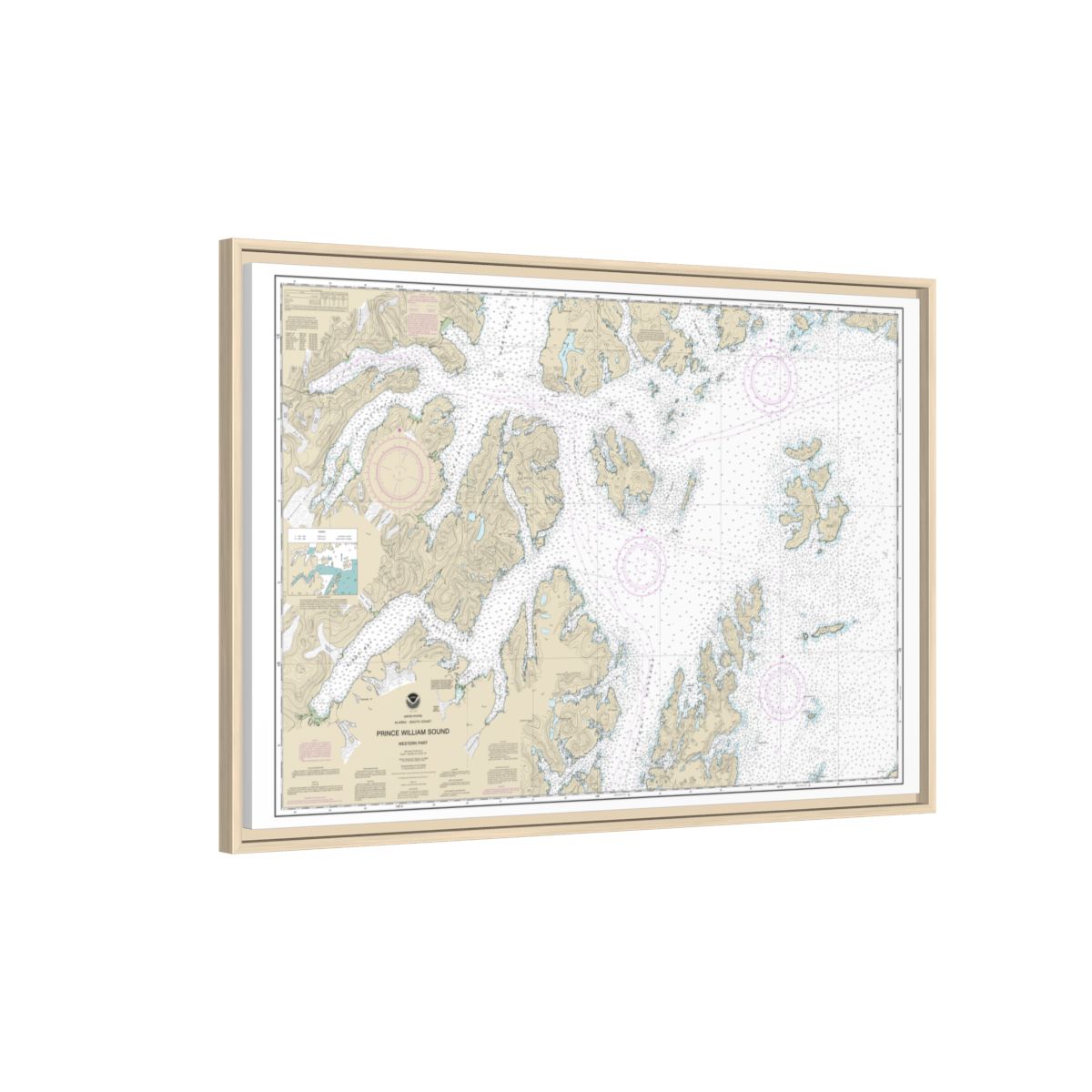Chart 16705 Prince William Sound-western part - NOAA Nautical Chart Floating Frame Canvas | 30" x 20" | 36" x 24" | 48" x 32" - Natural side