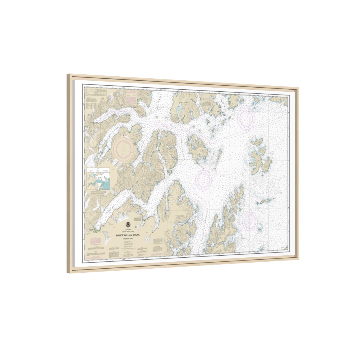 Chart 16705 Prince William Sound-western part - NOAA Nautical Chart Floating Frame Canvas | 30" x 20" | 36" x 24" | 48" x 32" - Natural side