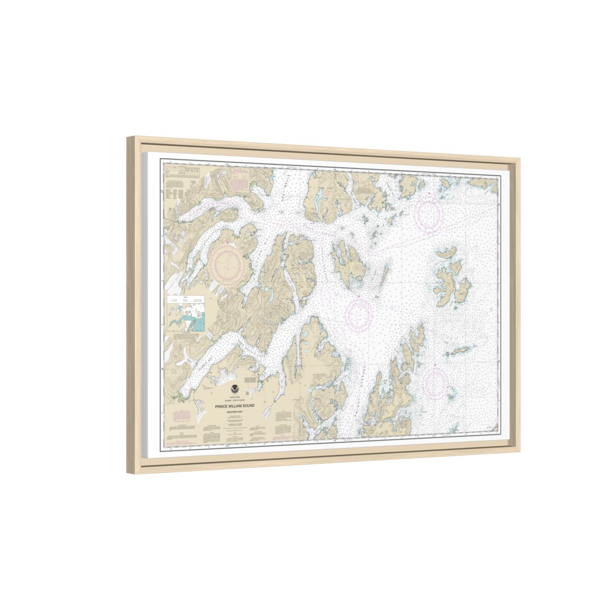 Chart 16705 Prince William Sound-western part - NOAA Nautical Chart Floating Frame Canvas | 30" x 20" | 36" x 24" | 48" x 32" - Natural side