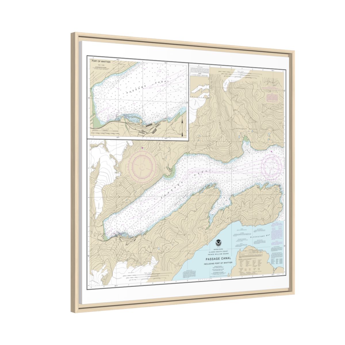 Chart 16706 Passage Canal incl. Port of Whittier;Port of Whittier - NOAA Nautical Chart Floating Frame Canvas | 32" x 32" - Natural side