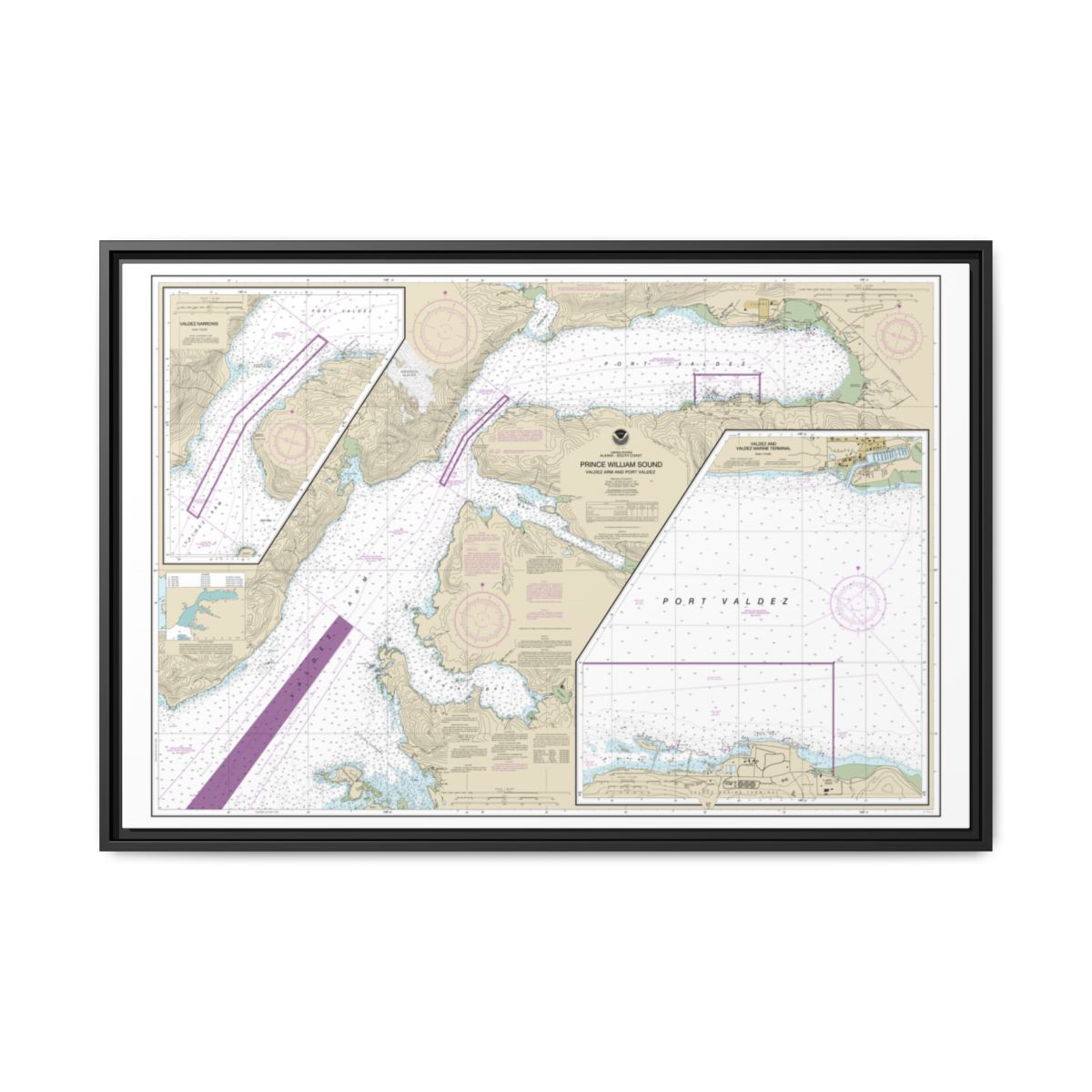 Chart 16707 Prince William Sound-Valdez Arm and Port Valdez;Valdez Narrows;Valdez and Valdez Marine Terminal - NOAA Nautical Chart Floating Frame Canvas | 30" x 20" | 36" x 24" | 48" x 32" - Black front