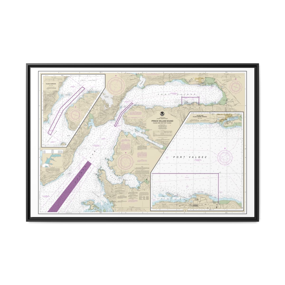 Chart 16707 Prince William Sound-Valdez Arm and Port Valdez;Valdez Narrows;Valdez and Valdez Marine Terminal - NOAA Nautical Chart Floating Frame Canvas | 30" x 20" | 36" x 24" | 48" x 32" - Black front