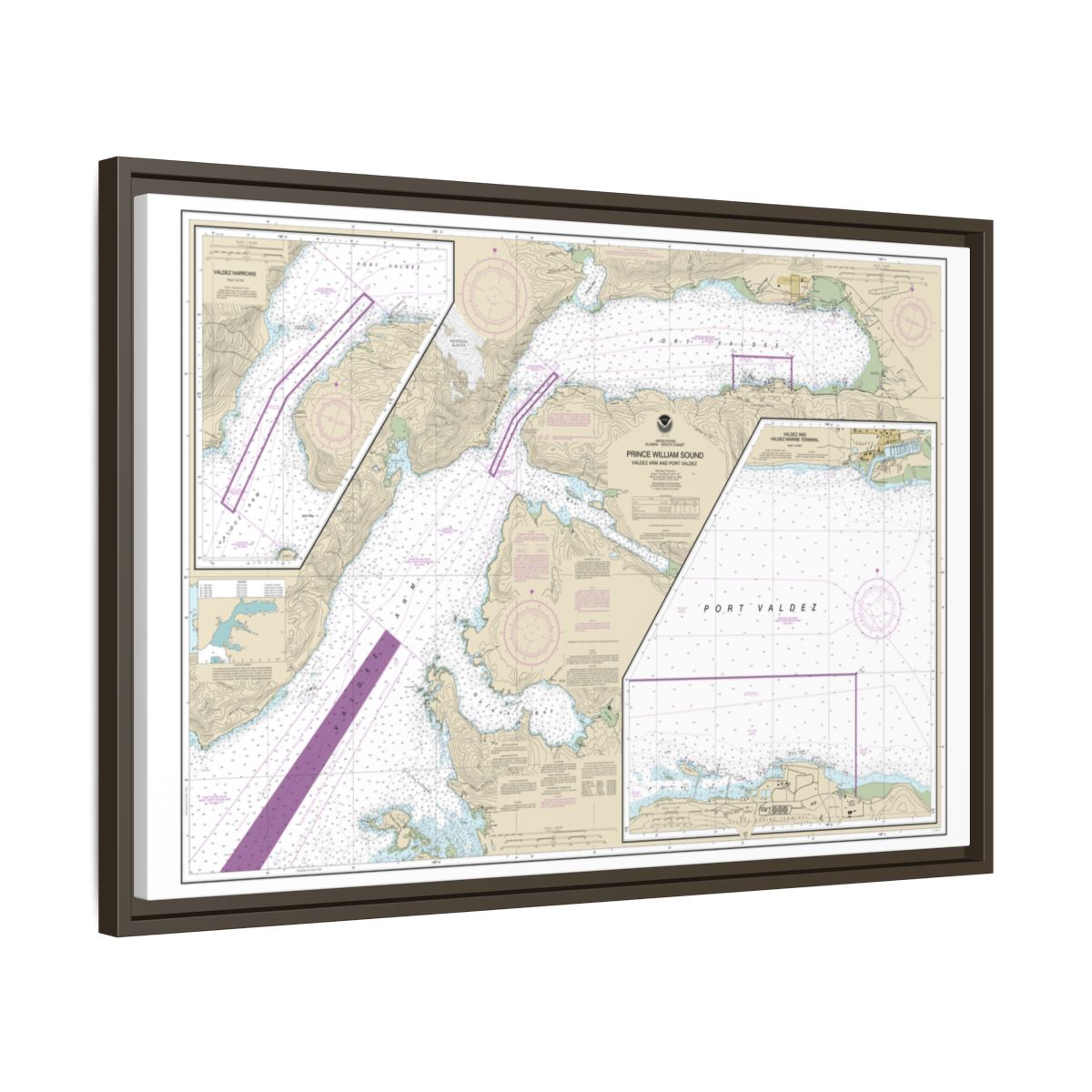 Chart 16707 Prince William Sound-Valdez Arm and Port Valdez;Valdez Narrows;Valdez and Valdez Marine Terminal - NOAA Nautical Chart Floating Frame Canvas | 30" x 20" | 36" x 24" | 48" x 32" - Espresso side