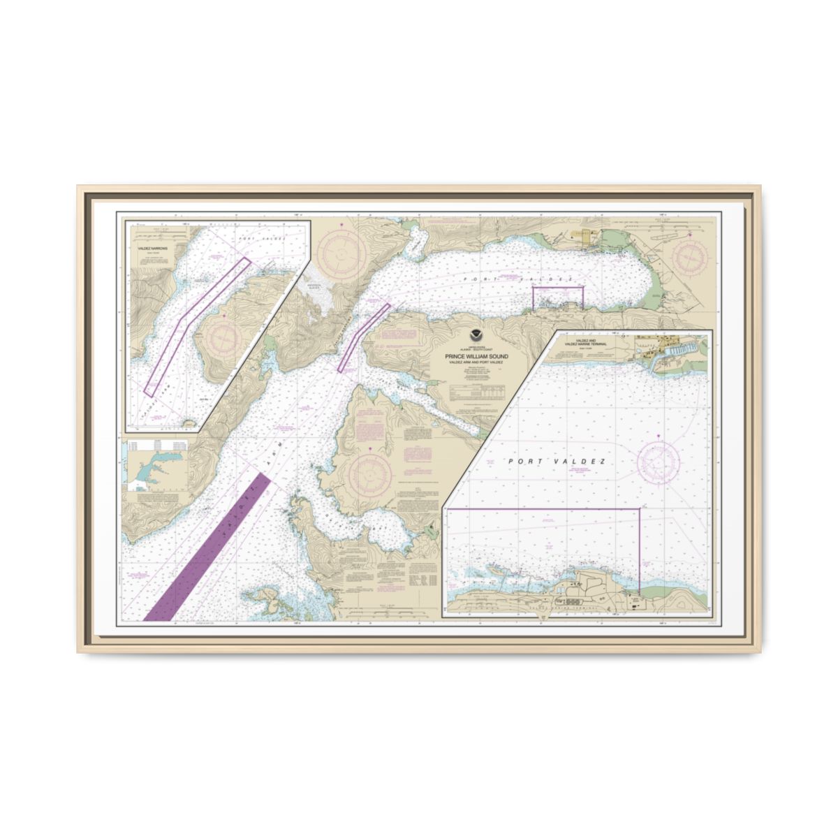 Chart 16707 Prince William Sound-Valdez Arm and Port Valdez;Valdez Narrows;Valdez and Valdez Marine Terminal - NOAA Nautical Chart Floating Frame Canvas | 30" x 20" | 36" x 24" | 48" x 32" - Natural front