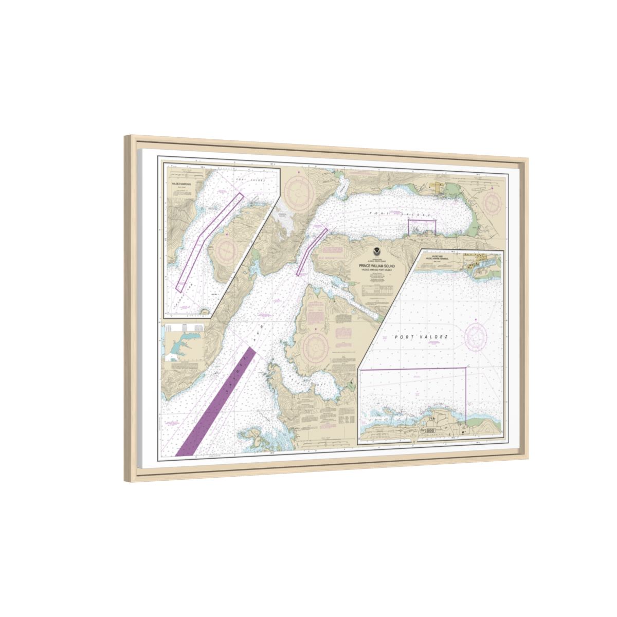 Chart 16707 Prince William Sound-Valdez Arm and Port Valdez;Valdez Narrows;Valdez and Valdez Marine Terminal - NOAA Nautical Chart Floating Frame Canvas | 30" x 20" | 36" x 24" | 48" x 32" - Natural side