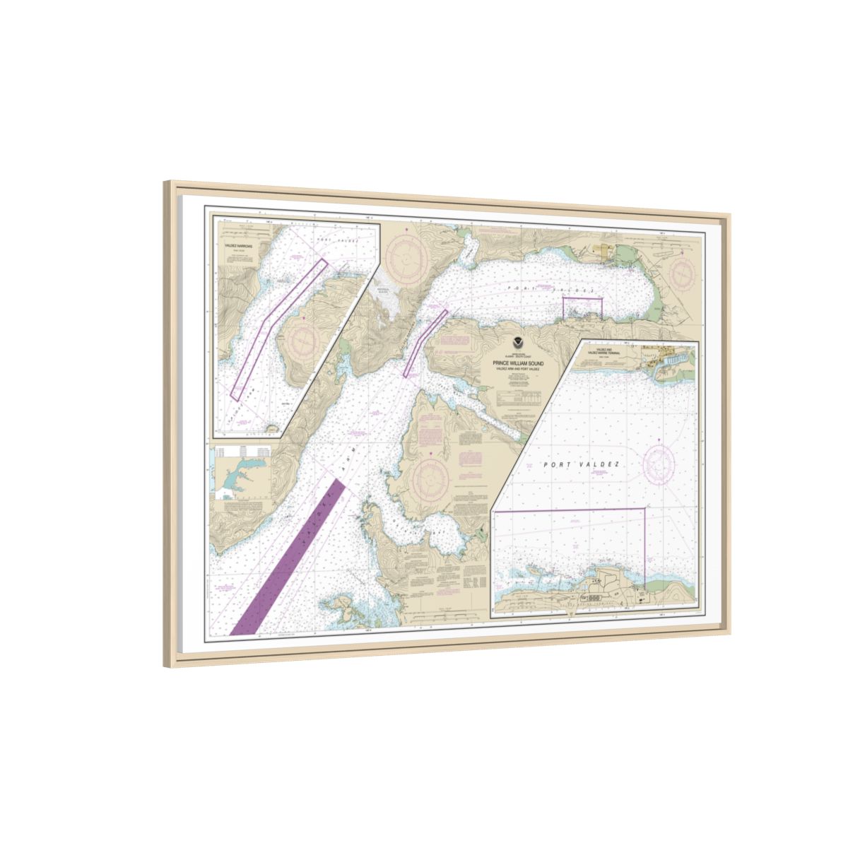 Chart 16707 Prince William Sound-Valdez Arm and Port Valdez;Valdez Narrows;Valdez and Valdez Marine Terminal - NOAA Nautical Chart Floating Frame Canvas | 30" x 20" | 36" x 24" | 48" x 32" - Natural side