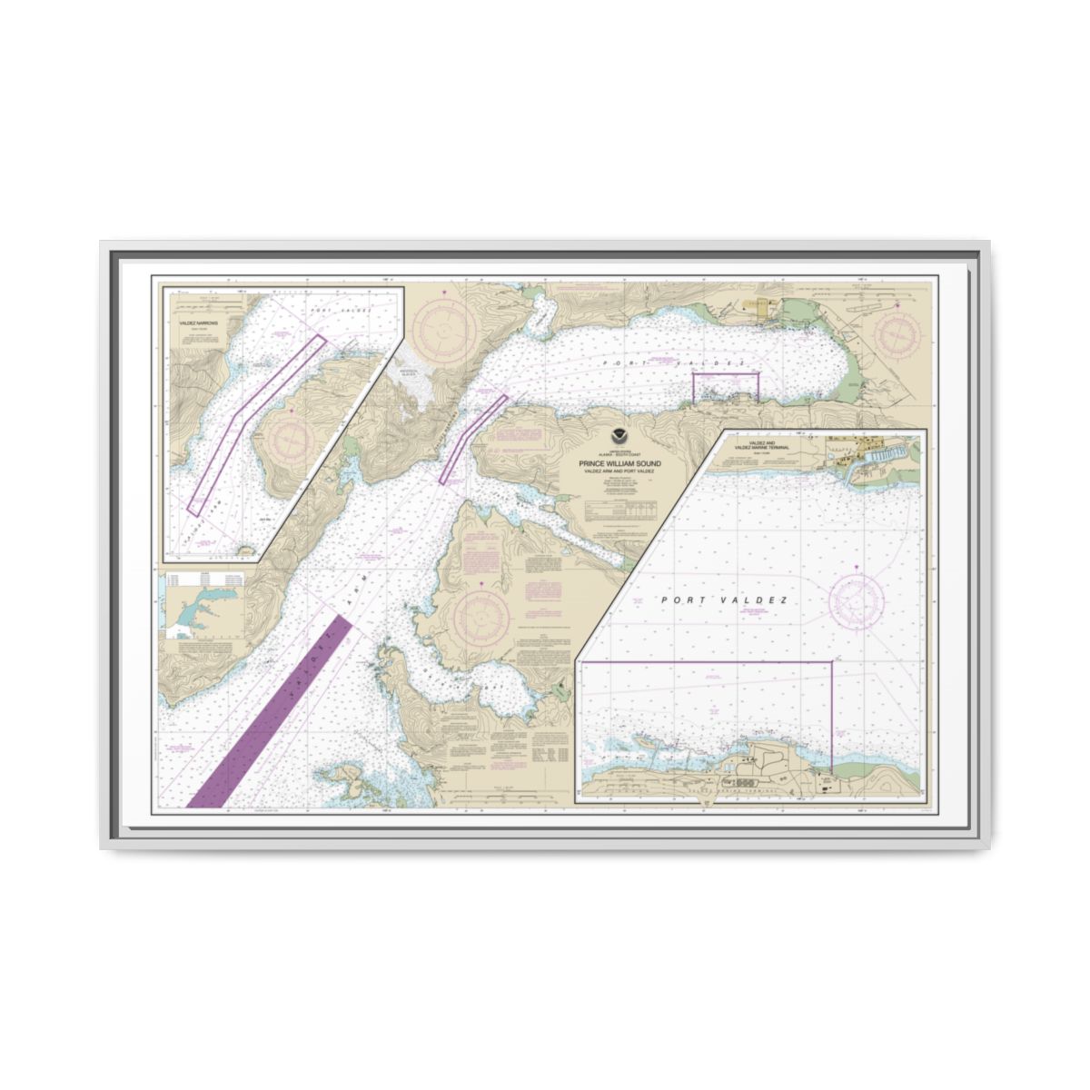 Chart 16707 Prince William Sound-Valdez Arm and Port Valdez;Valdez Narrows;Valdez and Valdez Marine Terminal - NOAA Nautical Chart Floating Frame Canvas | 30" x 20" | 36" x 24" | 48" x 32" - White front