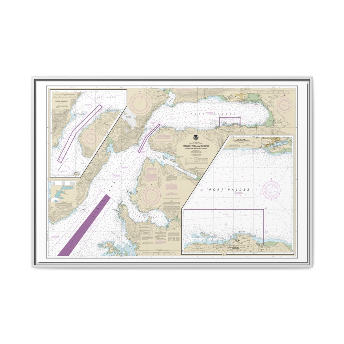 Chart 16707 Prince William Sound-Valdez Arm and Port Valdez;Valdez Narrows;Valdez and Valdez Marine Terminal - NOAA Nautical Chart Floating Frame Canvas | 30" x 20" | 36" x 24" | 48" x 32" - White front