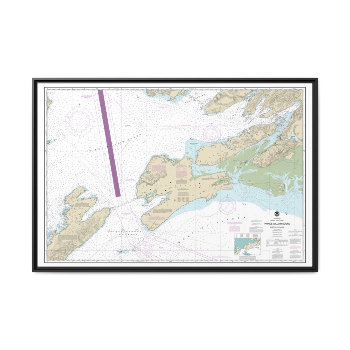 Chart 16709 Prince William Sound-eastern entrance - NOAA Nautical Chart Floating Frame Canvas | 30" x 20" | 36" x 24" | 48" x 32" - Black front