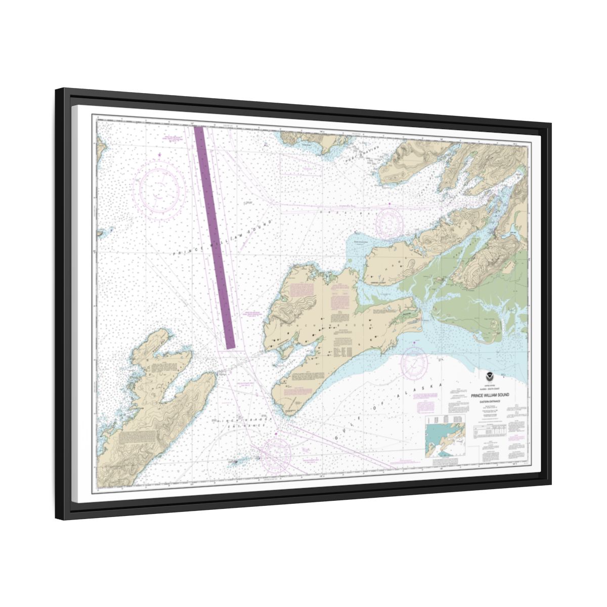 Chart 16709 Prince William Sound-eastern entrance - NOAA Nautical Chart Floating Frame Canvas | 30" x 20" | 36" x 24" | 48" x 32" - Black side