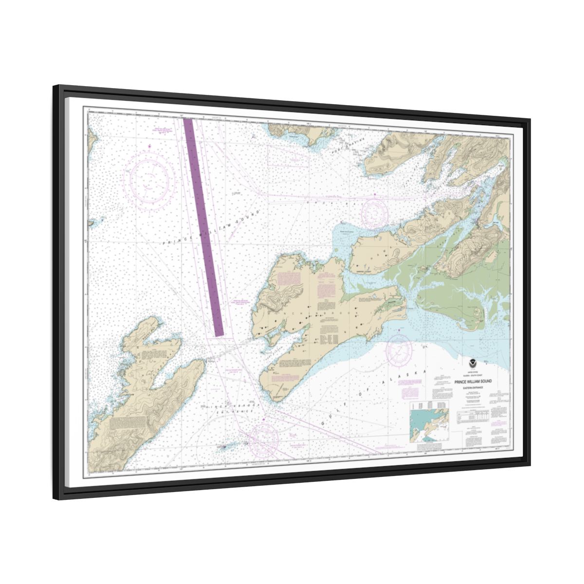 Chart 16709 Prince William Sound-eastern entrance - NOAA Nautical Chart Floating Frame Canvas | 30" x 20" | 36" x 24" | 48" x 32" - Black side