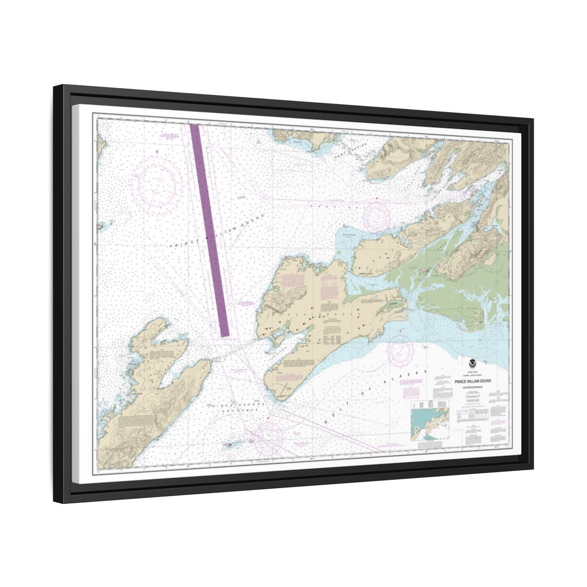 Chart 16709 Prince William Sound-eastern entrance - NOAA Nautical Chart Floating Frame Canvas | 30" x 20" | 36" x 24" | 48" x 32" - Black side
