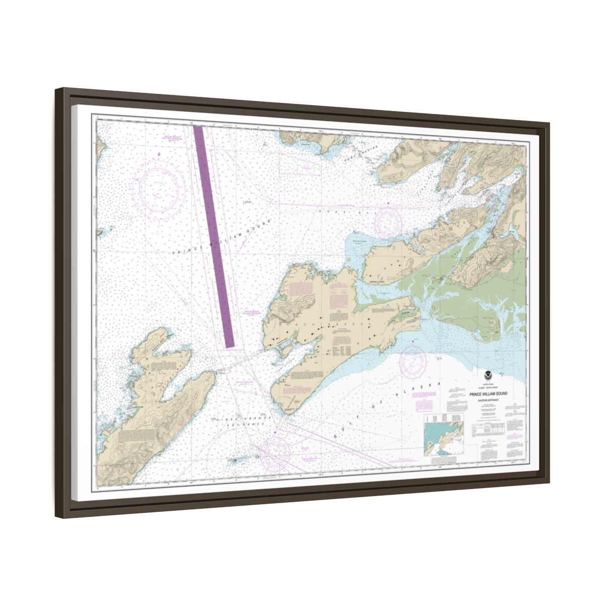 Chart 16709 Prince William Sound-eastern entrance - NOAA Nautical Chart Floating Frame Canvas | 30" x 20" | 36" x 24" | 48" x 32" - Espresso side
