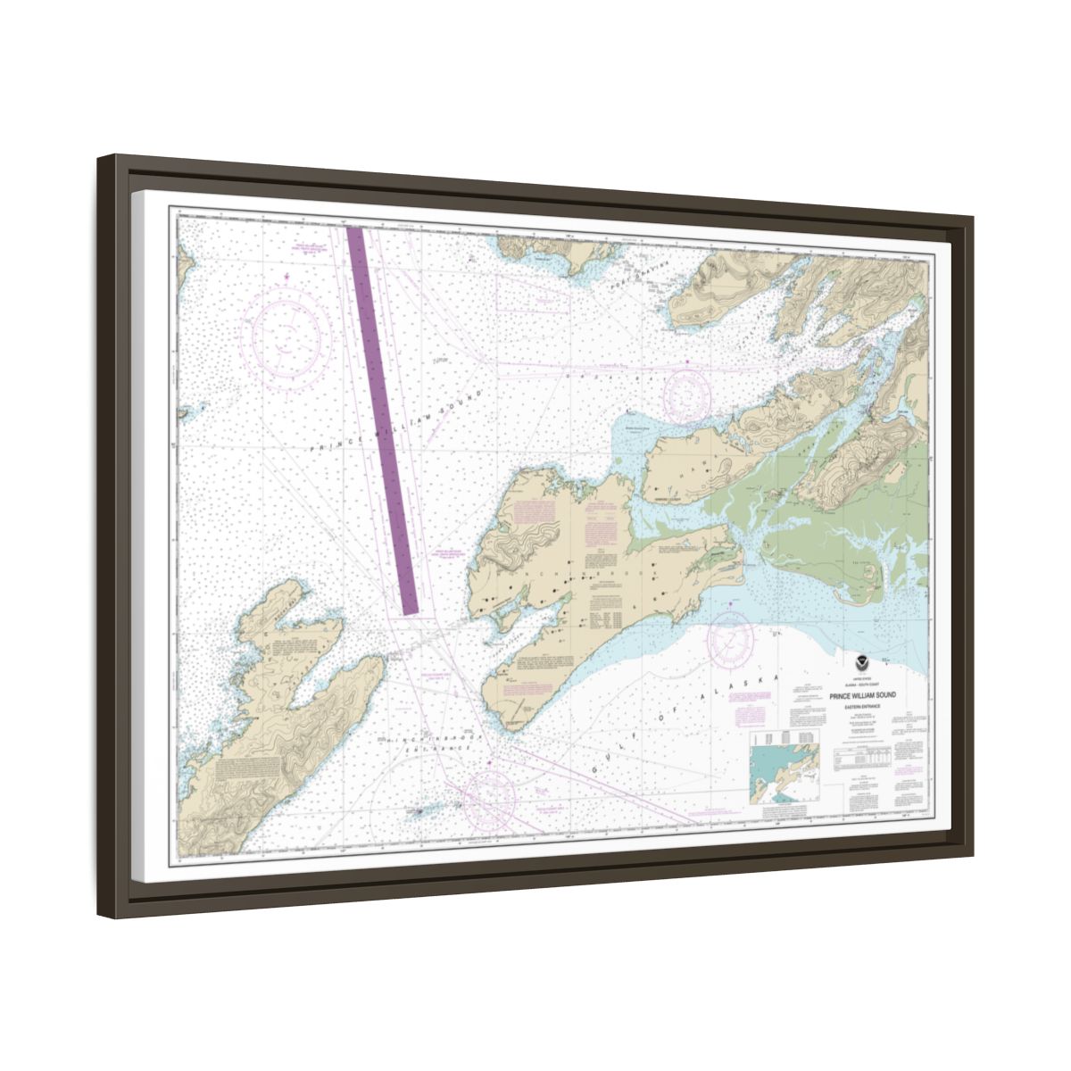 Chart 16709 Prince William Sound-eastern entrance - NOAA Nautical Chart Floating Frame Canvas | 30" x 20" | 36" x 24" | 48" x 32" - Espresso side