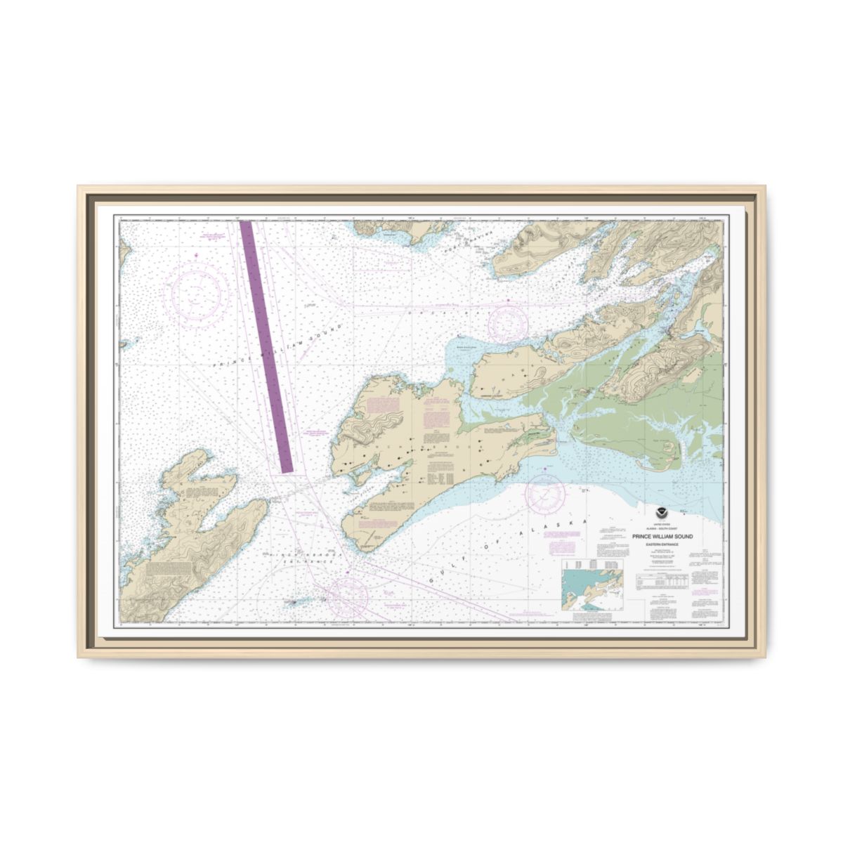 Chart 16709 Prince William Sound-eastern entrance - NOAA Nautical Chart Floating Frame Canvas | 30" x 20" | 36" x 24" | 48" x 32" - Natural front
