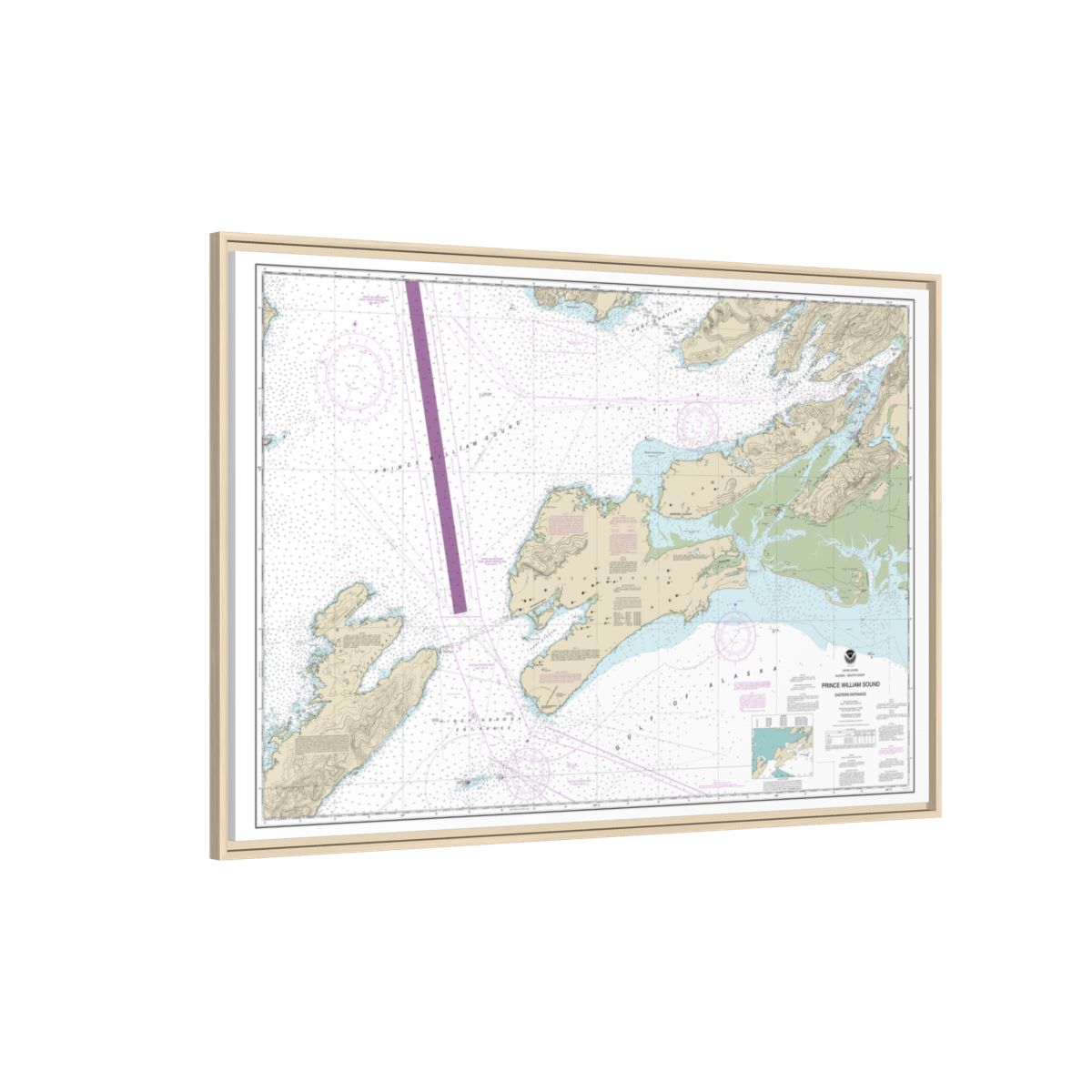 Chart 16709 Prince William Sound-eastern entrance - NOAA Nautical Chart Floating Frame Canvas | 30" x 20" | 36" x 24" | 48" x 32" - Natural side