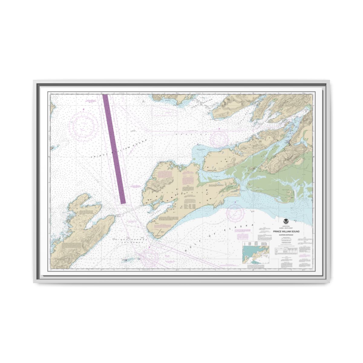Chart 16709 Prince William Sound-eastern entrance - NOAA Nautical Chart Floating Frame Canvas | 30" x 20" | 36" x 24" | 48" x 32" - White front