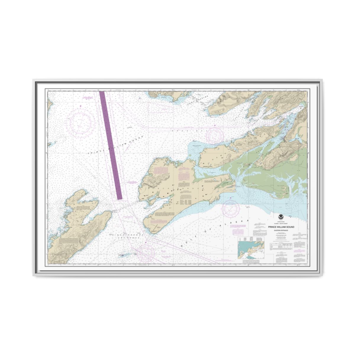 Chart 16709 Prince William Sound-eastern entrance - NOAA Nautical Chart Floating Frame Canvas | 30" x 20" | 36" x 24" | 48" x 32" - White front