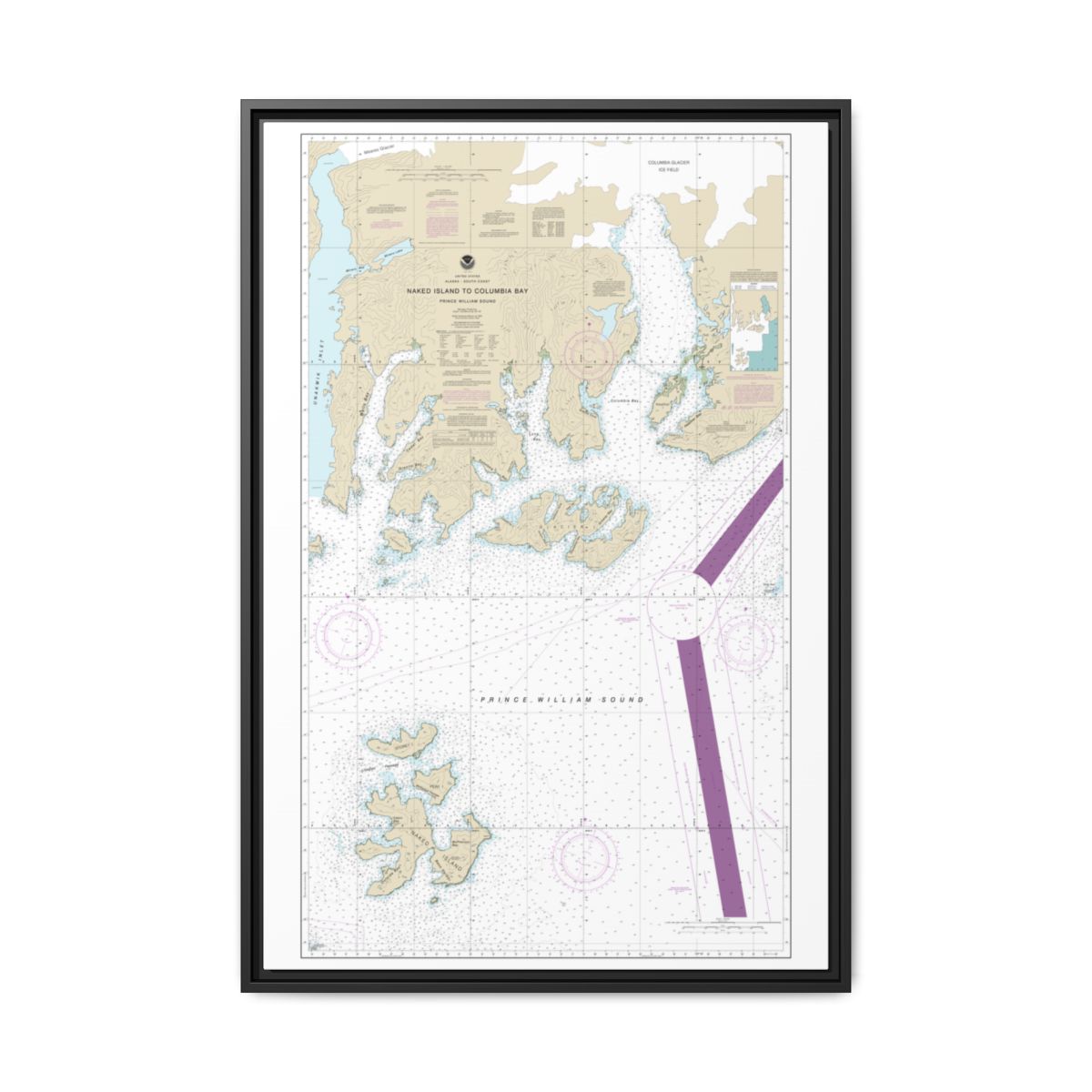 Chart 16713 Naked Island to Columbia Bay - NOAA Nautical Chart Floating Frame Canvas | 20" x 30" | 24" x 36" | 32" x 48" - Black front