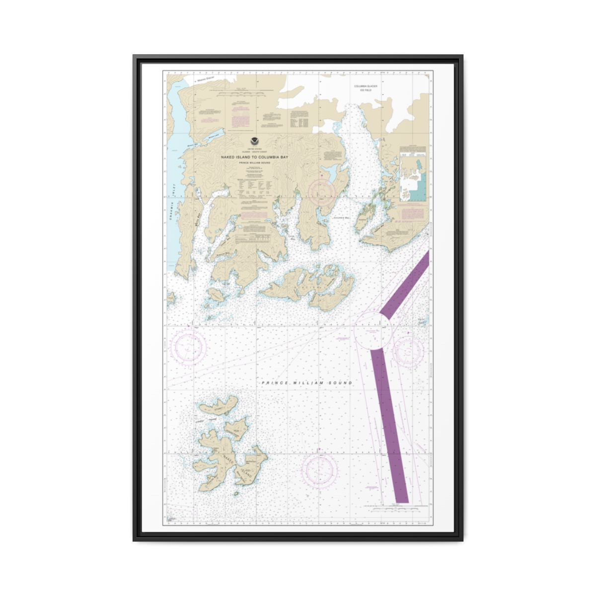 Chart 16713 Naked Island to Columbia Bay - NOAA Nautical Chart Floating Frame Canvas | 20" x 30" | 24" x 36" | 32" x 48" - Black front