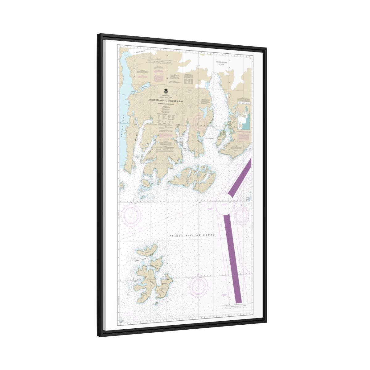 Chart 16713 Naked Island to Columbia Bay - NOAA Nautical Chart Floating Frame Canvas | 20" x 30" | 24" x 36" | 32" x 48" - Black side